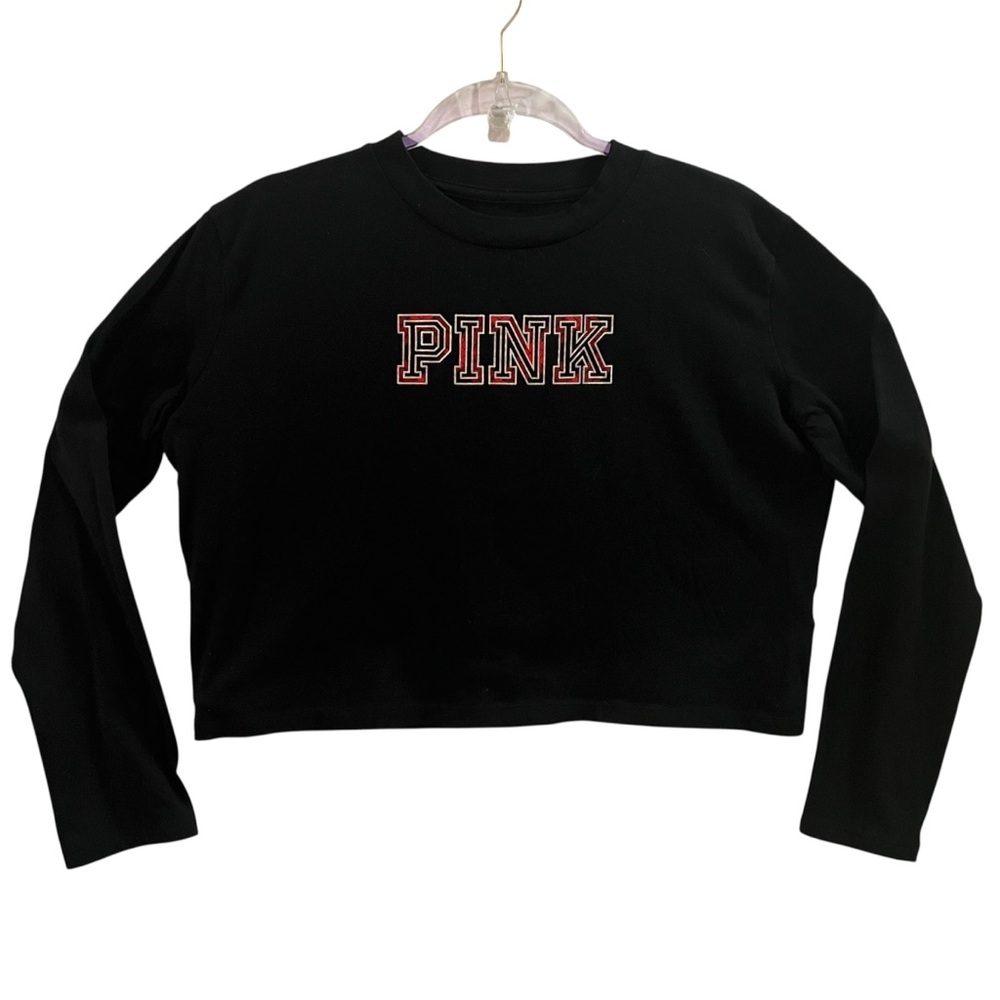 PINK VICTORIA’S SECRET, Size S, Black Long Sleeve Crop Tee w/ Plaid Logo.